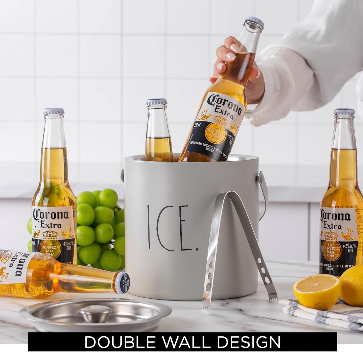 Rae Dunn Ice Bucket with Scoop - Stainless Steel Bucket with Handle, Lid and Ice Scooper - 4 Qt. Storage Bin for Ice Cubes for Bars, Parties, Backyard Barbeques, Picnics, and Camping (Black)