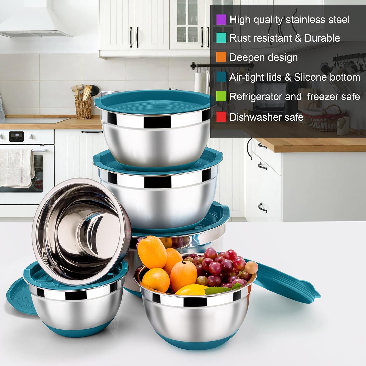 LIANYU Stainless Steel Mixing Bowls Sets of 6, Large 7, 3.5, 2.5, 2, 1.5, 1QT Size with Transparent Airtight Lids, Metal Nesting Serving Bowl Sets for Home Kitchen, Dishwasher & Freezer Safe, Black