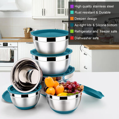 LIANYU Stainless Steel Mixing Bowls Sets of 6, Large 7, 3.5, 2.5, 2, 1.5, 1QT Size with Transparent Airtight Lids, Metal Nesting Serving Bowl Sets for Home Kitchen, Dishwasher & Freezer Safe, Black