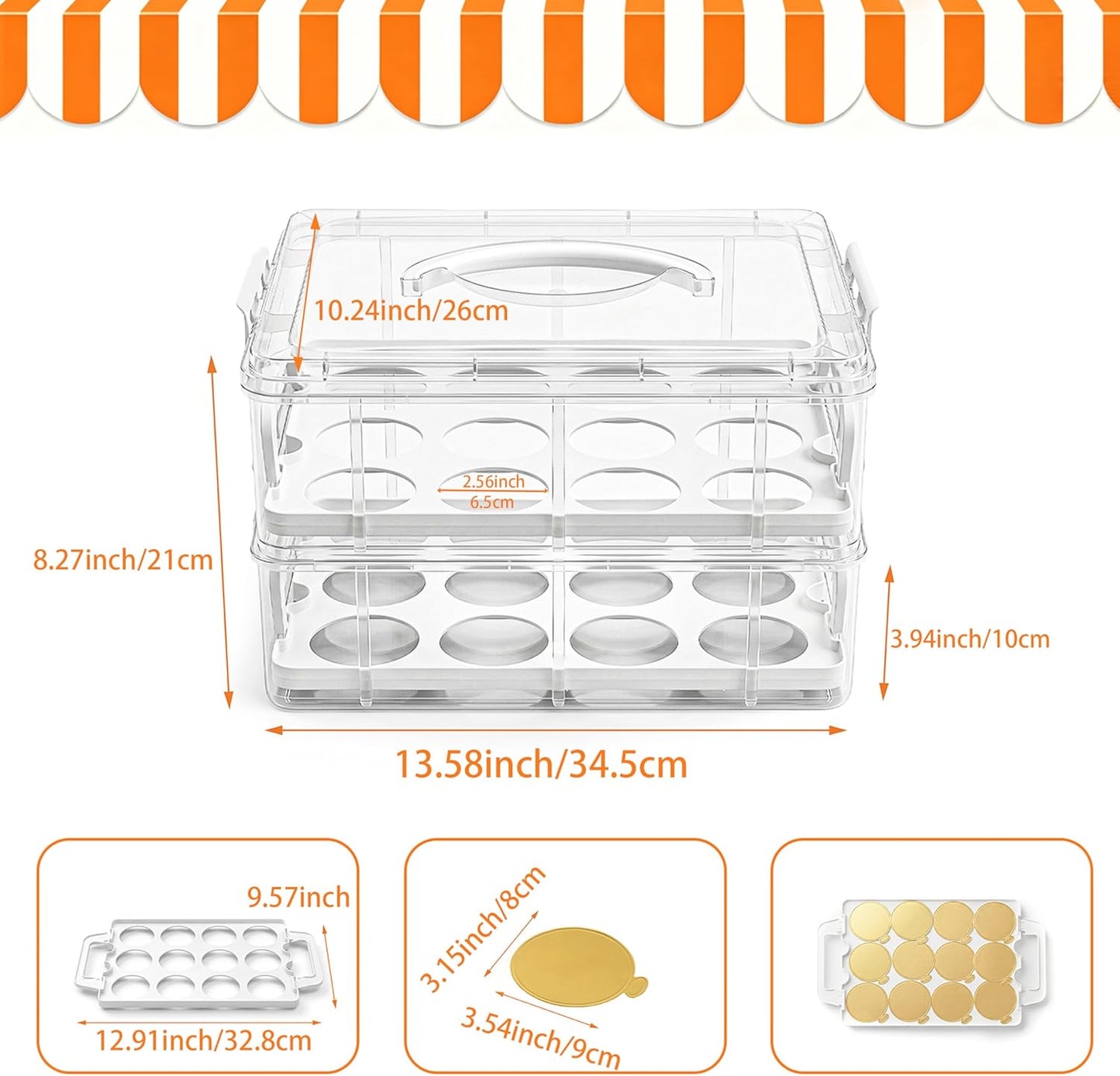Cupcake Carrier with Lid and Handle 24 Hole with 100 pcs Mini cupcake boards (3.15inch),BPA-Free Cup Containers Holder for Cupcakes, Dessert,Nuts, Fruits, Vegetables, Salads, Cookies