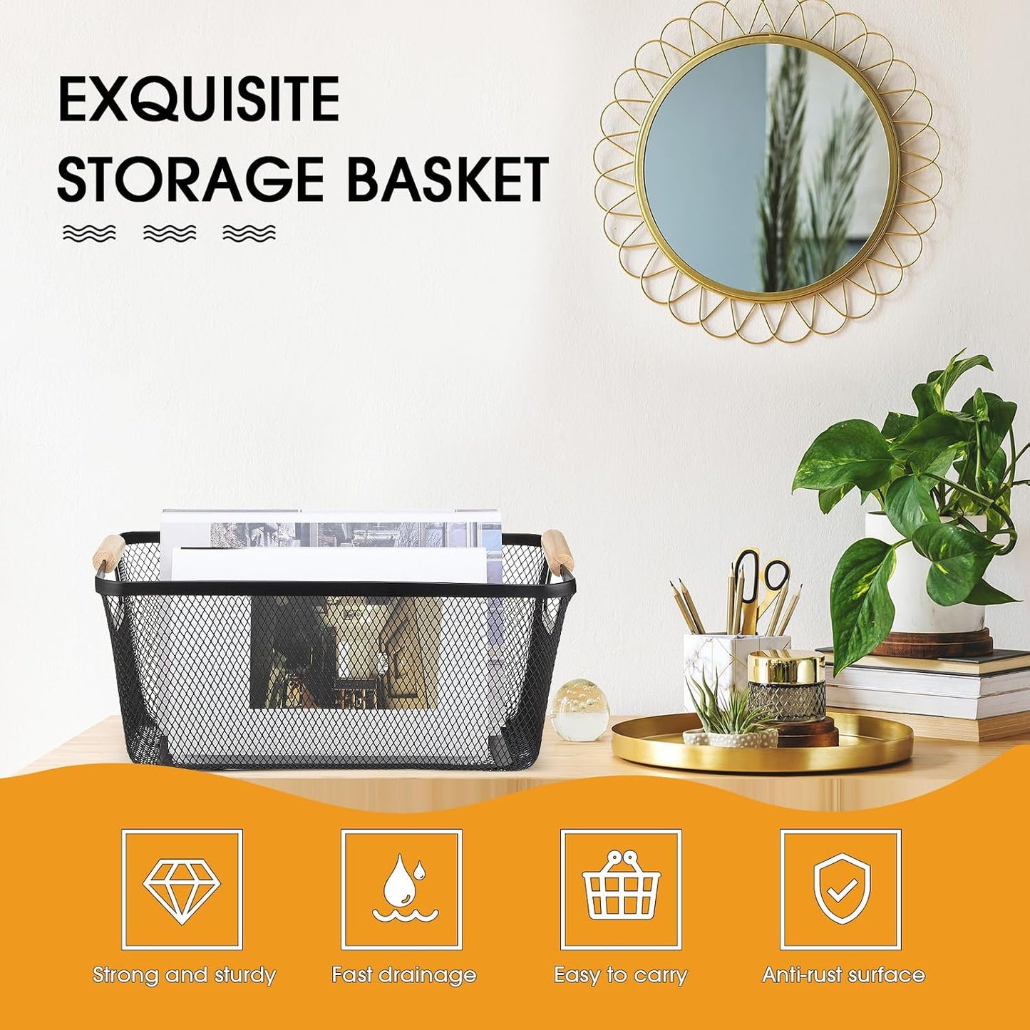 Ziliny 4 Pcs Metal Mesh Wire Baskets with Wooden Handles for Organizing, Pantry Organizers and Storage Steel Bin Kitchen Baskets for Fruit Potato Onion Snacks Bathroom Cabinet(Medium,Cream White)
