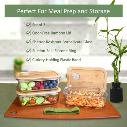 Glass Meal Prep Containers with Bamboo Lids (3 Pack) - 100% Plastic Free, Eco-Friendly Lunch Containers, Bamboo Lid Storage Container Set - Microwave Safe Glass Food Storage Container Set