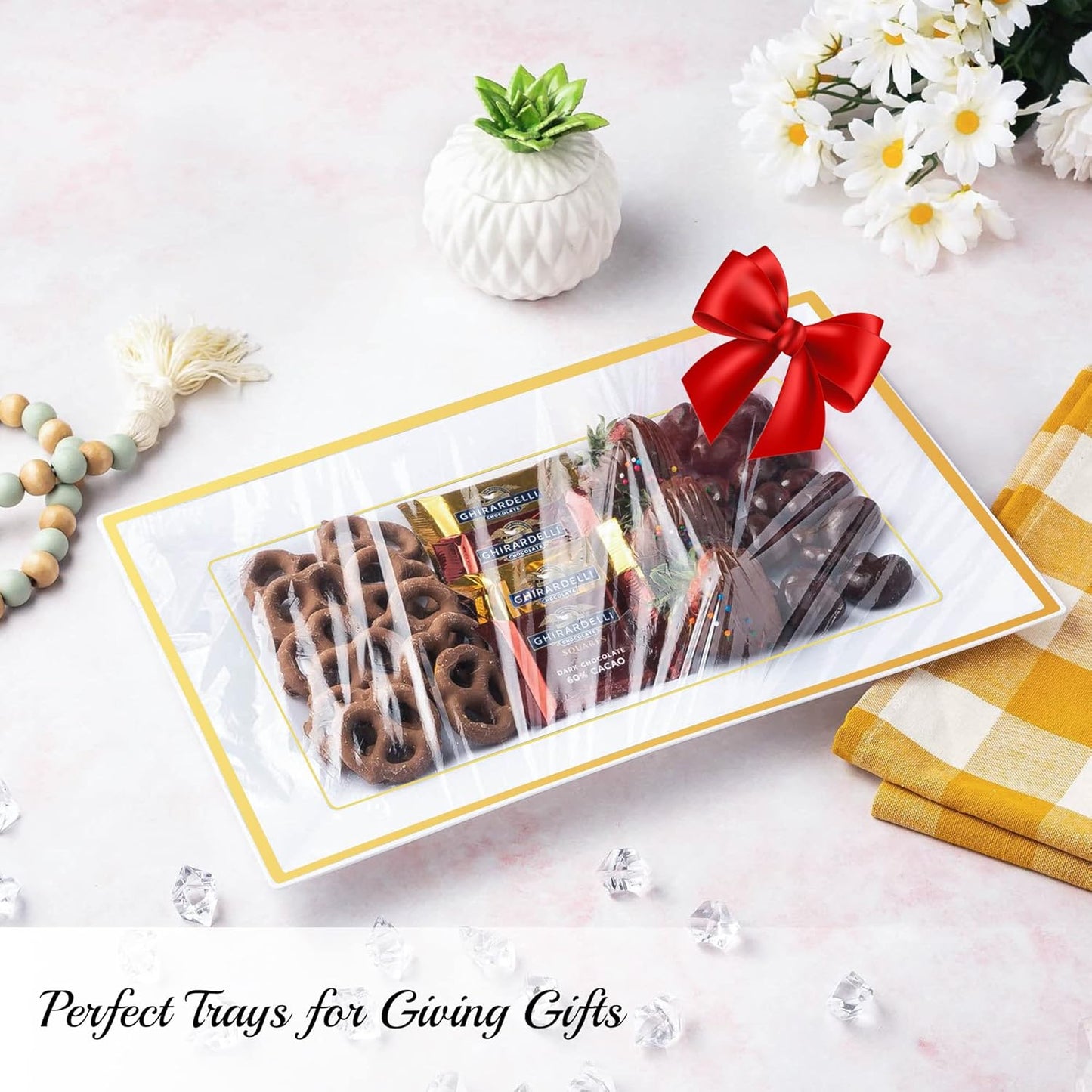 Elegant Plastic Serving Tray & Platter Set (6pk) - White & Gold Rim Disposable Serving Trays & Platters for Food - Weddings, Upscale Parties, Dessert Table, Cupcakes - 8 x 12.85 inches
