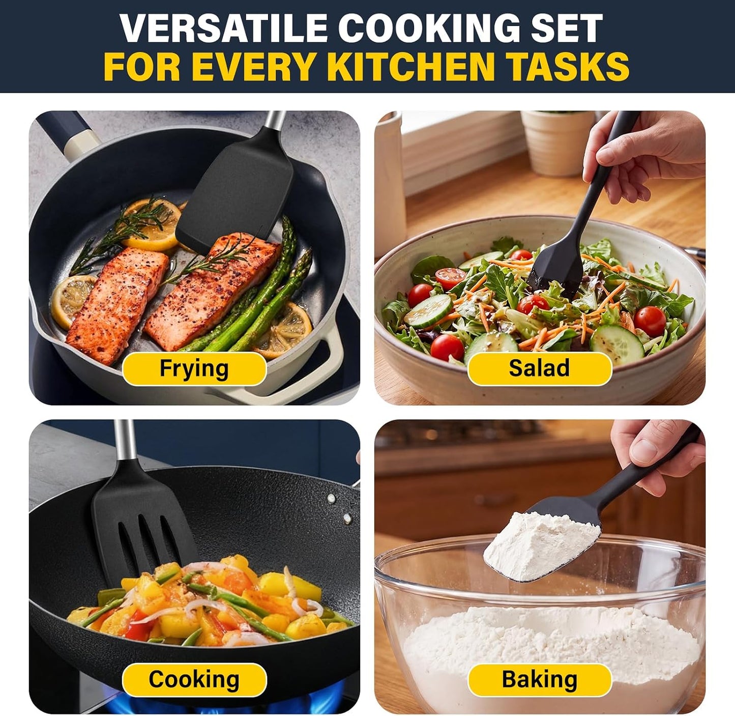 Silicone Spatula Set, Heat Resistant Solid & Slotted Turner for Non-Stick Pans, Silicone Cooking Utensils Set, BPA-Free, Flexible Spatula Turner for Flipping Eggs, Burgers, Pancakes, Black, 3 PCS-A