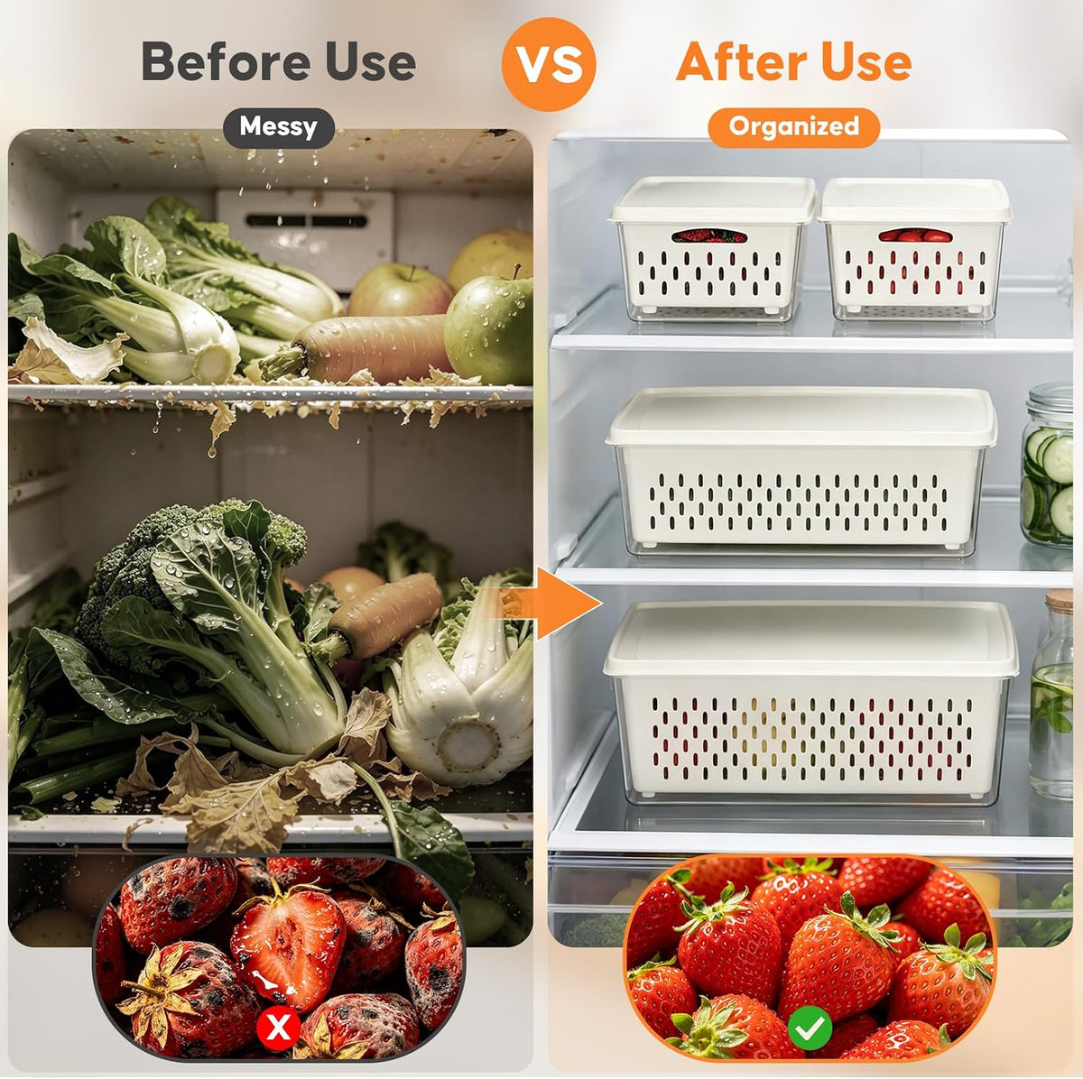 4 Pack Fruit Storage Containers for Fridge, Plastic Food Storage Container