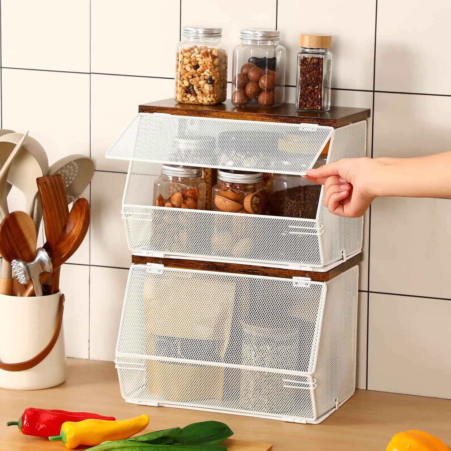 Teenyyou 2 Pcs Stackable Mesh Fruit Basket with Lid Wall Produce Vegetable Storage Basket Onion Potato Hanging Metal Wire Container for Kitchen Counter Pantry(Non-removable,Black,8.3" w & 13.8" l)