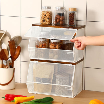 Teenyyou 2 Pcs Stackable Mesh Fruit Basket with Lid Wall Produce Vegetable Storage Basket Onion Potato Hanging Metal Wire Container for Kitchen Counter Pantry(Non-removable,Black,8.3" w & 13.8" l)