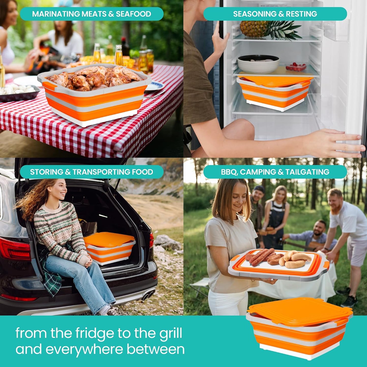 Collapsible BBQ Prep Tub with Lid and Drain Spout, 16L Portable Meat Marinating and Grilling Tray, Cutting Board Food Storage Container for Outdoor Cooking, Camping, Tailgating and Kitchen Prep