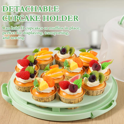 10 Inch Cake Carrier with Lid and Handle, Round Cake Container Cake Cover with 10 Inch Cake Boards & Cupcake Carrier, Portable Cake Holder with Lid for Transport Pie Nuts Fruit, Green