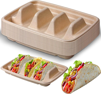 15PCS Disposable Taco Holders for Party, Premium Paper Taco Plates with Dividers, Fiesta Taco Tray Holder, Taco Stands for 3 Tacos, Taco Tuesday Lazy Susan Taco Bar Serving Set for a Party