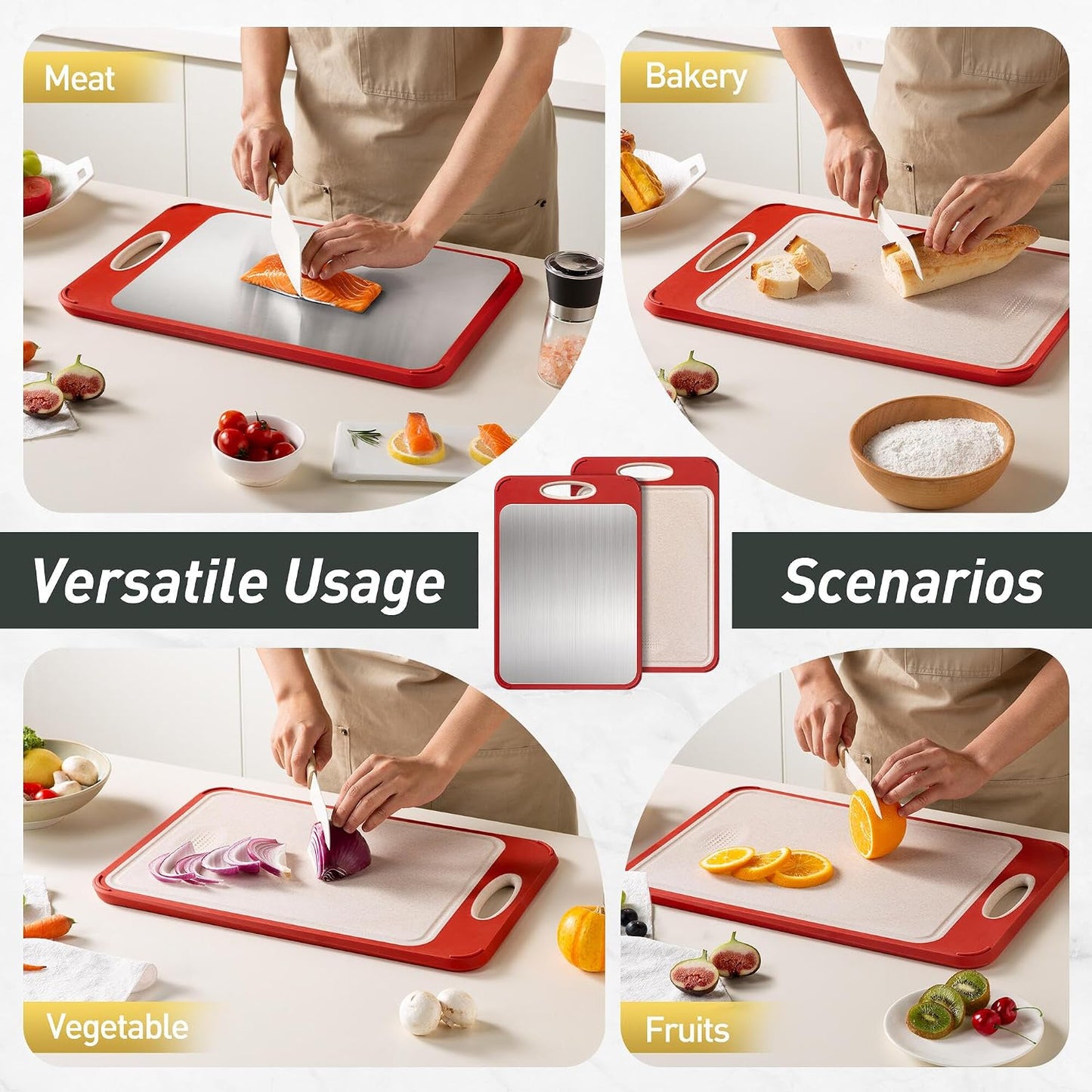 2 Packs Stainless Steel Cutting Board Set, Best Non Toxic Cutting Boards for Kitchen, Double Sided Metal Chopping Board for Meat/Fruit/Vegetables, Food Grade Kitchen Set Gift, [16”×11”+18”×12” Inch]