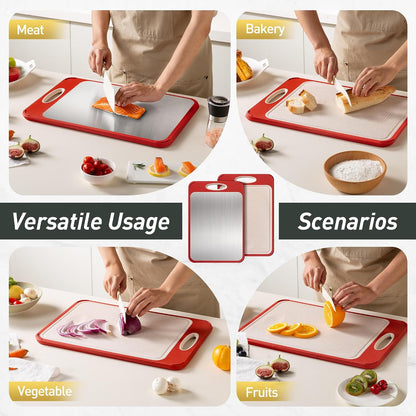 2 Packs Stainless Steel Cutting Board Set, Best Non Toxic Cutting Boards for Kitchen, Double Sided Metal Chopping Board for Meat/Fruit/Vegetables, Food Grade Kitchen Set Gift, [16”×11”+18”×12” Inch]