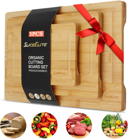 SliceElite Extra Large Bamboo Cutting Board Set 3 Piece End Grain Wooden Chopping Boards with Holder Non Slip Feet Juice Groove XL Butcher Block Style Boards for Kitchen Carving and Serving