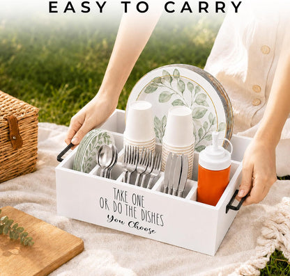 Paper Plate Holder, Plastic Silverware Caddy, Plastic Utensil Dispenser for Party Buffet Camping BBQ, Disposable Spoon Fork Knives Dish Cup Napkin Storage Organizer for Kitchen Counter (White)