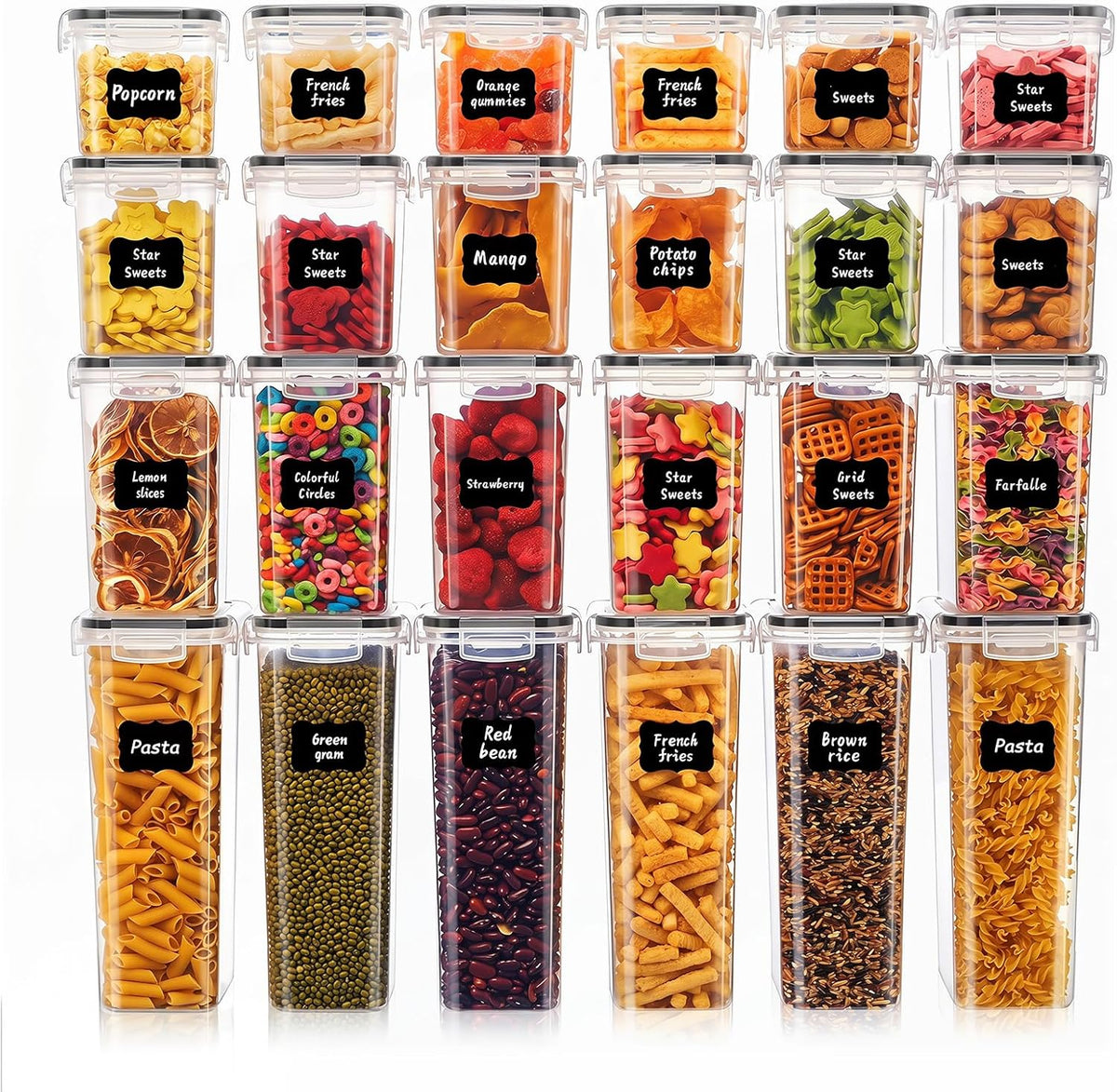 24 PCS Airtight Food Storage Containers with Lids, BPA Free Clear Plastic Kitchen and Pantry Organization and Storage Set for Flour, Sugar, Cereal, Pasta, Includes 24 Labels and Marker