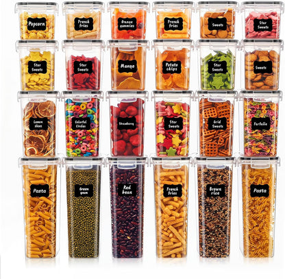 24 PCS Airtight Food Storage Containers with Lids, BPA Free Clear Plastic Kitchen and Pantry Organization and Storage Set for Flour, Sugar, Cereal, Pasta, Includes 24 Labels and Marker