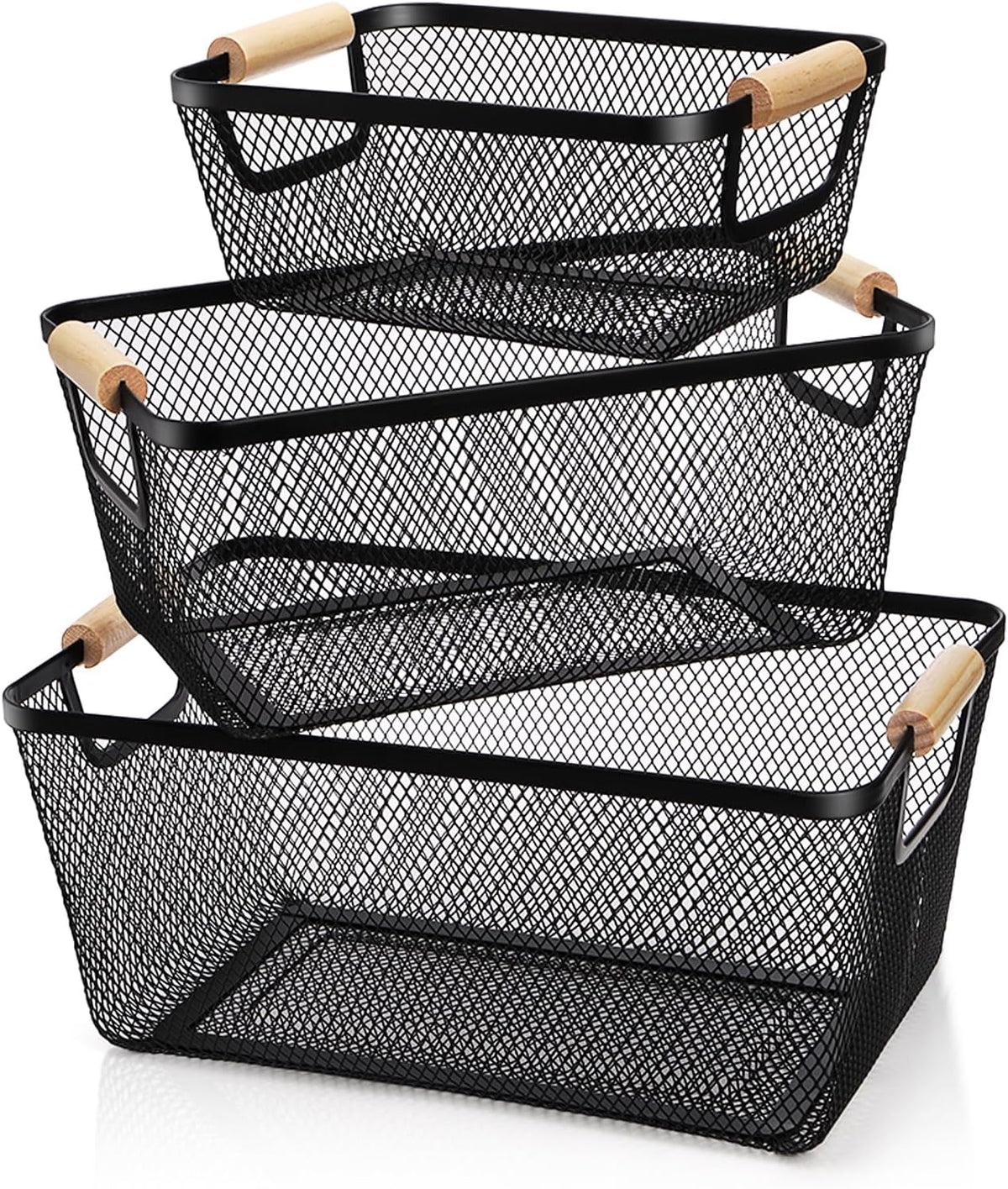 Noamus 3 Pack Metal Mesh Basket with Wooden Handle, Farmhouse Wire Steel Storage Bins, Rectangle Fruit Vegetable Organizer Containers for Home Cabinet Pantry Kitchen Decor, Snack Gift (Black, 3 Size)