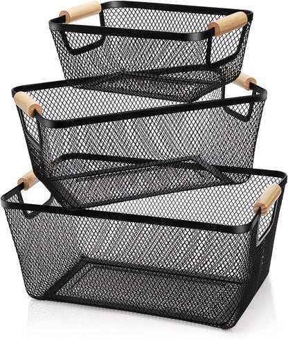 Noamus 3 Pack Metal Mesh Basket with Wooden Handle, Farmhouse Wire Steel Storage Bins, Rectangle Fruit Vegetable Organizer Containers for Home Cabinet Pantry Kitchen Decor, Snack Gift (Black, 3 Size)