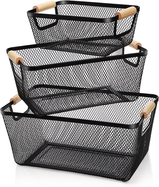 Noamus 3 Pack Metal Mesh Basket with Wooden Handle, Farmhouse Wire Steel Storage Bins, Rectangle Fruit Vegetable Organizer Containers for Home Cabinet Pantry Kitchen Decor, Snack Gift (Black, 3 Size)