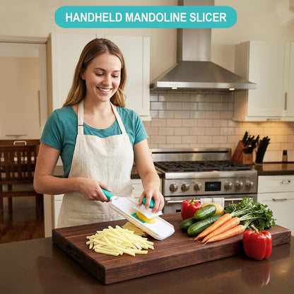 DINM Handheld Mandoline Slicer for Kitchen – Stainless Steel Vegetable Slicer with 3 Interchangeable Blades, Safety Food Holder, Potato, Cucumber & Carrot Cutter