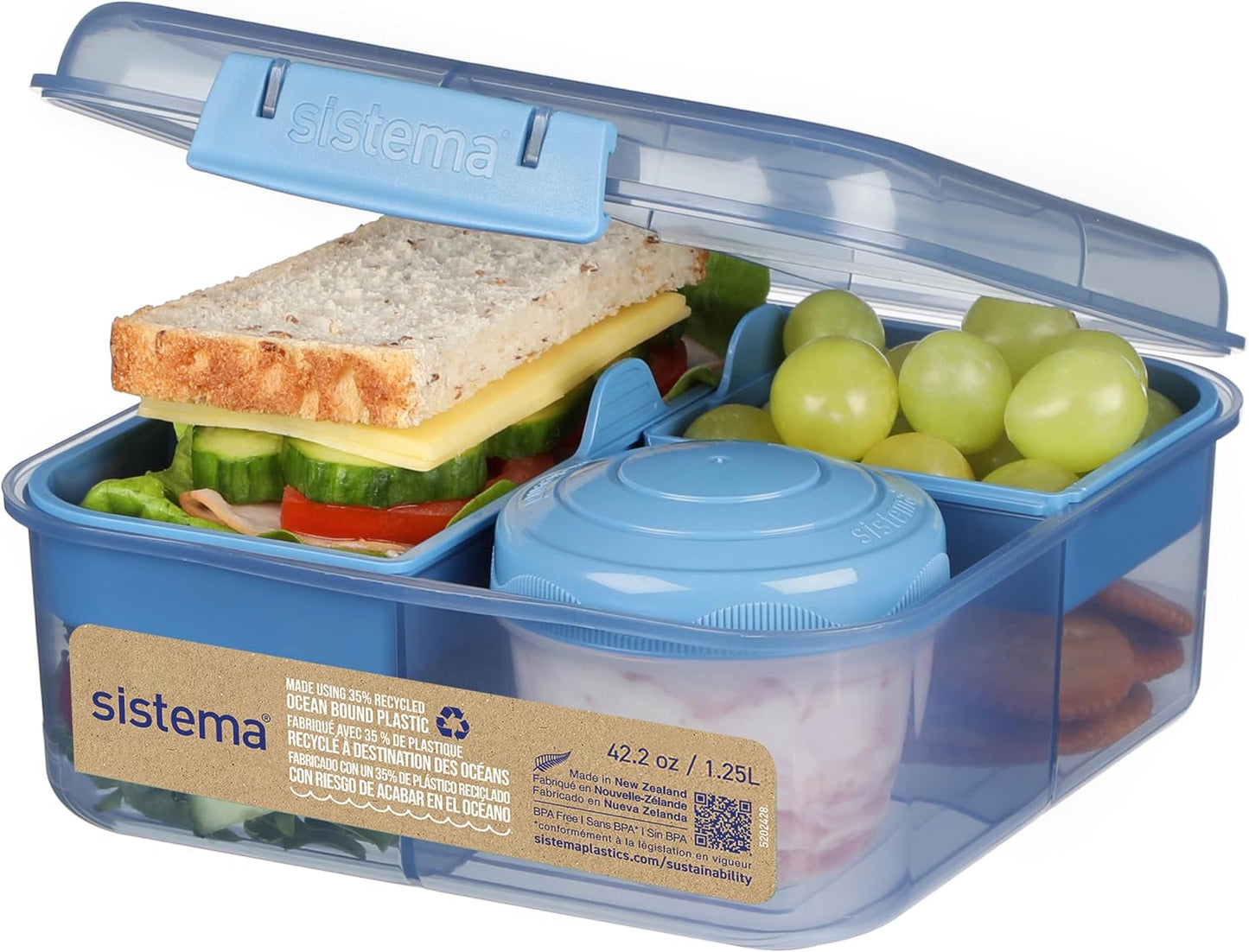 Sistema Bento Box Adult Lunch Box with 3 Compartments, 2 Removable Trays, and Salad Dressing Container, Dishwasher Safe, Color May Vary, 42 oz./1.25L Size (Pack of 4)
