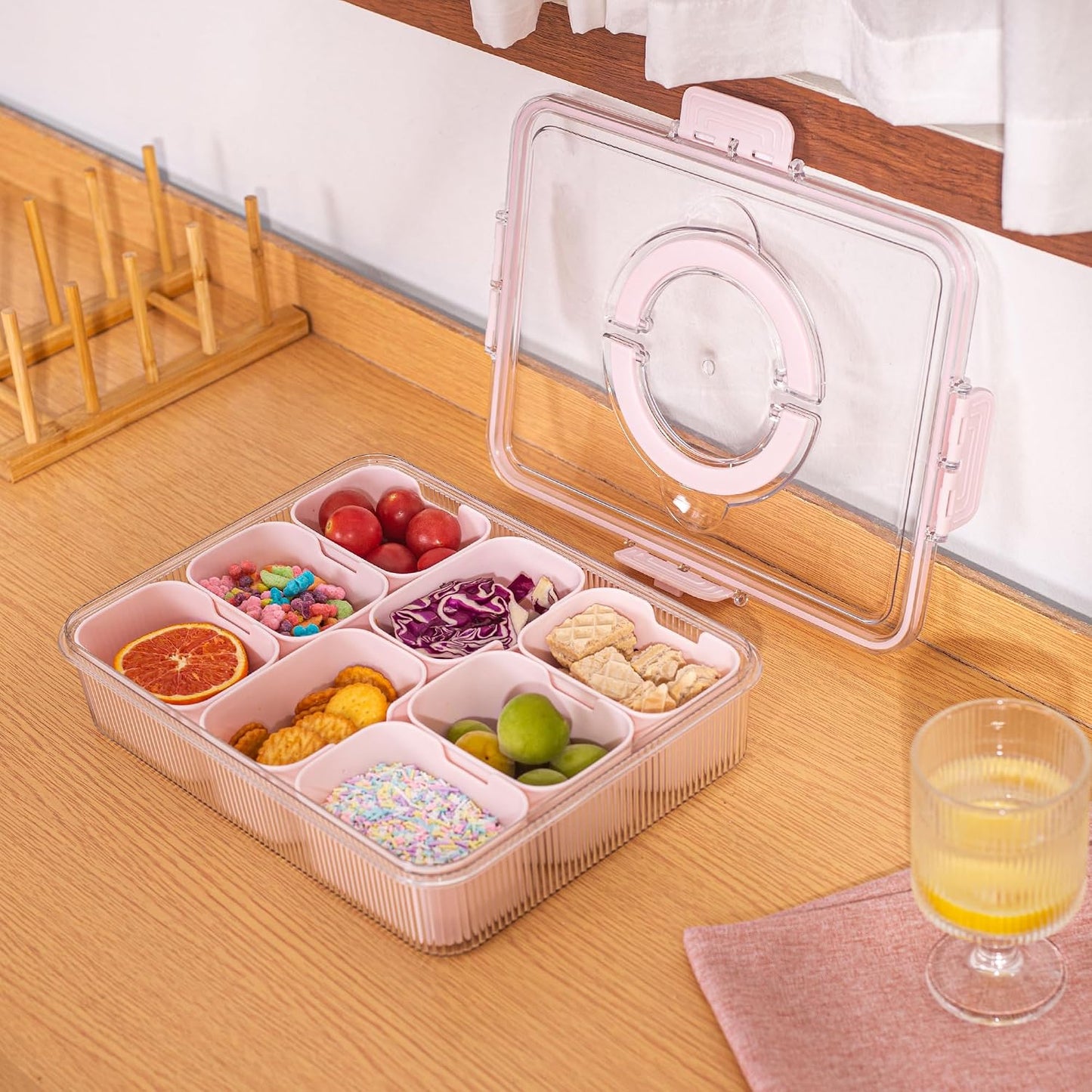 Patent Divided Serving Tray with Lid & Handle - Snackle Box Organizer for Charcuterie, Sandwiches, Veggies, Fruits, Candy - Portable Food Storage for Travel, Beach, Picnics（1 pcs, Orange）