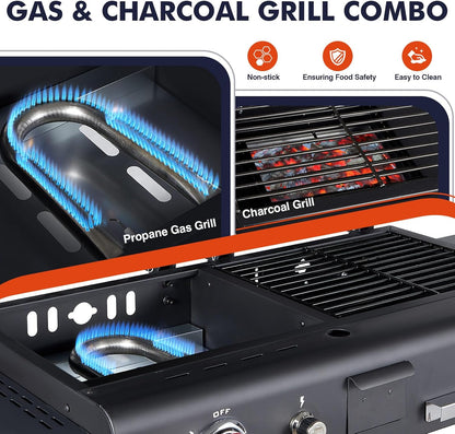 Propane and Charcoal Grill Combo, Gas Griddle Grill Combo Two Fuel BBQ Grills with Long Silicone Non-Slip Grill Gloves, Dual Fuel Lids and Side Shelves