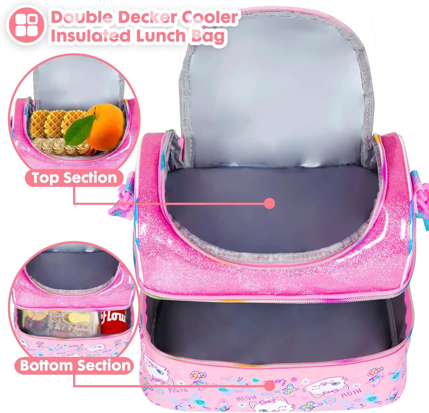 Kids Double Decker Cooler Insulated Lunch Bag, Back to School Large Meal Tote for Boys, Girls, Men, Women, with Adjustable Strap, Soccer