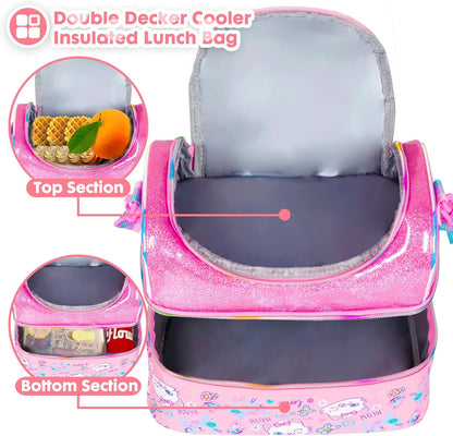 Kids Double Decker Cooler Insulated Lunch Bag, Back to School Large Meal Tote for Boys, Girls, Men, Women, with Adjustable Strap, Soccer