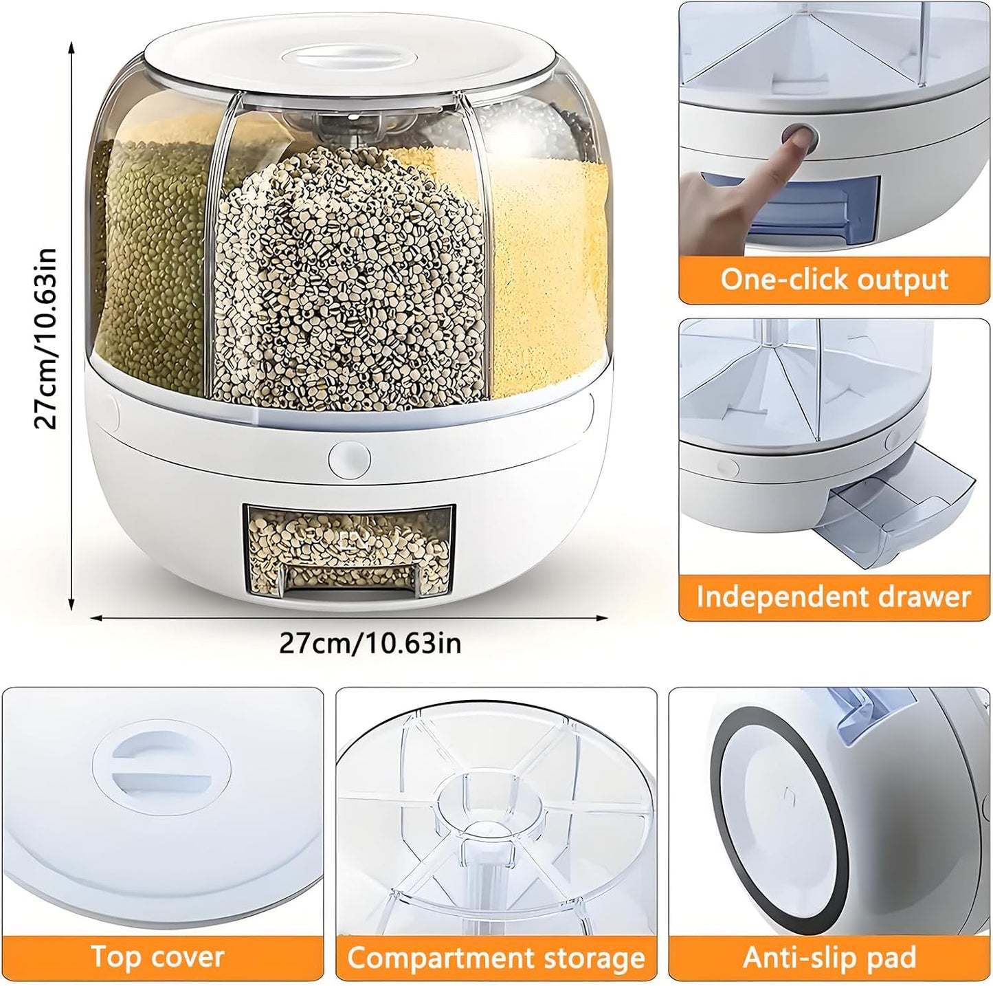 Rotating Grain Storage Bin 6 Grids Rice Container One-Click Output Large Capacity Food Dispenser For Rice Grains Sealed Moisture Proof Organizer (Grey) (Small)