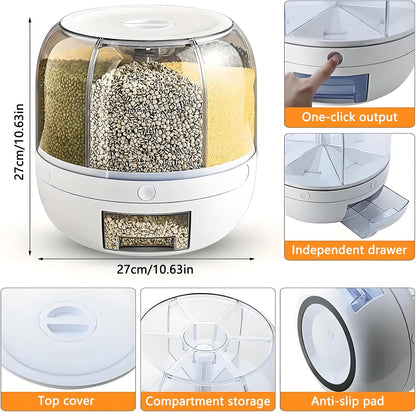 Rotating Grain Storage Bin 6 Grids Rice Container One-Click Output Large Capacity Food Dispenser For Rice Grains Sealed Moisture Proof Organizer (Grey) (Small)
