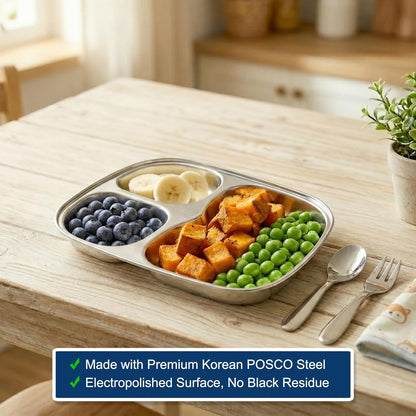 Korean Stainless Steel Divided Plates for Adults, Teens, Premium 304, Electro-Polished, No Black Residue, BPA-Free, Large 5-Compartment Food Tray, Diet Portion Control, Camping, Set of 2