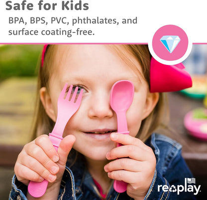 Re-Play Toddler Forks and Spoons Set - 6x6 Utensils Set for Kids - Dishwasher and Microwave Safe - Made in USA - Set of 12-5.8" x 1.2" x 0.2" - Sorbet