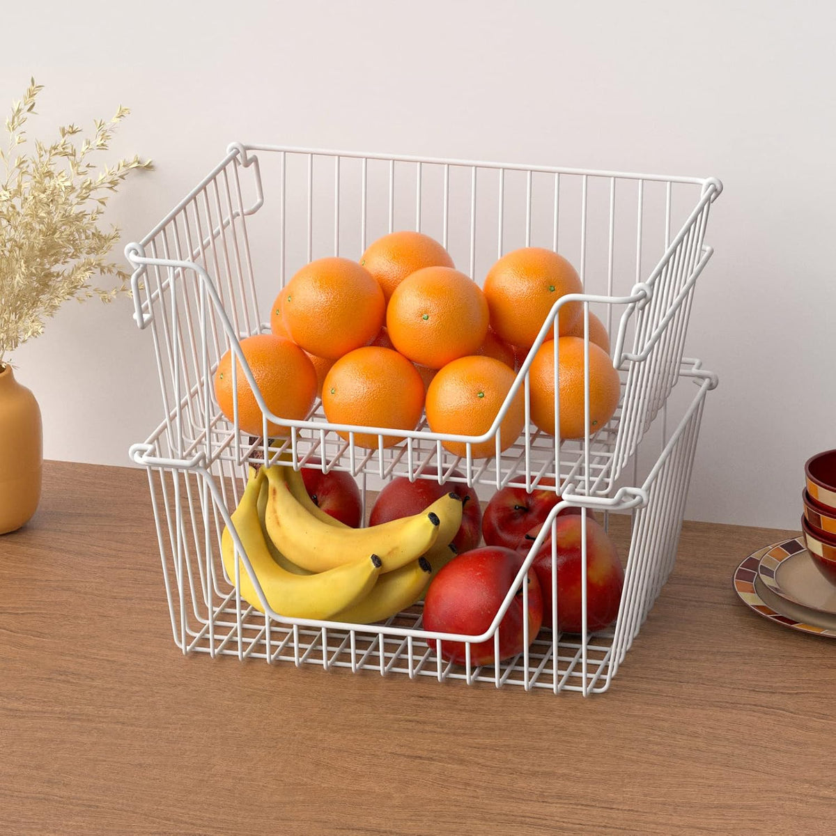 Slideep Wire Storage Baskets, Freezer Baskets Farmhouse Stackable Organizer Storage Bins Large Organizer for Storage, Office, Bathroom, Pantry Organization Storage with Handles 14" Black -Set of 3