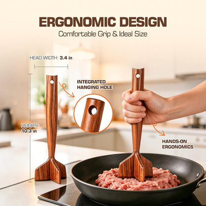 Teak Wooden Meat Chopper, Ground Beef Chopper Tool, Hamburger Smasher, Potato Masher & Chicken Shredder, Durable Wood Meat Pounder Kitchen Utensil, Cooking Gadget 10.5 Inches（RedTeak）