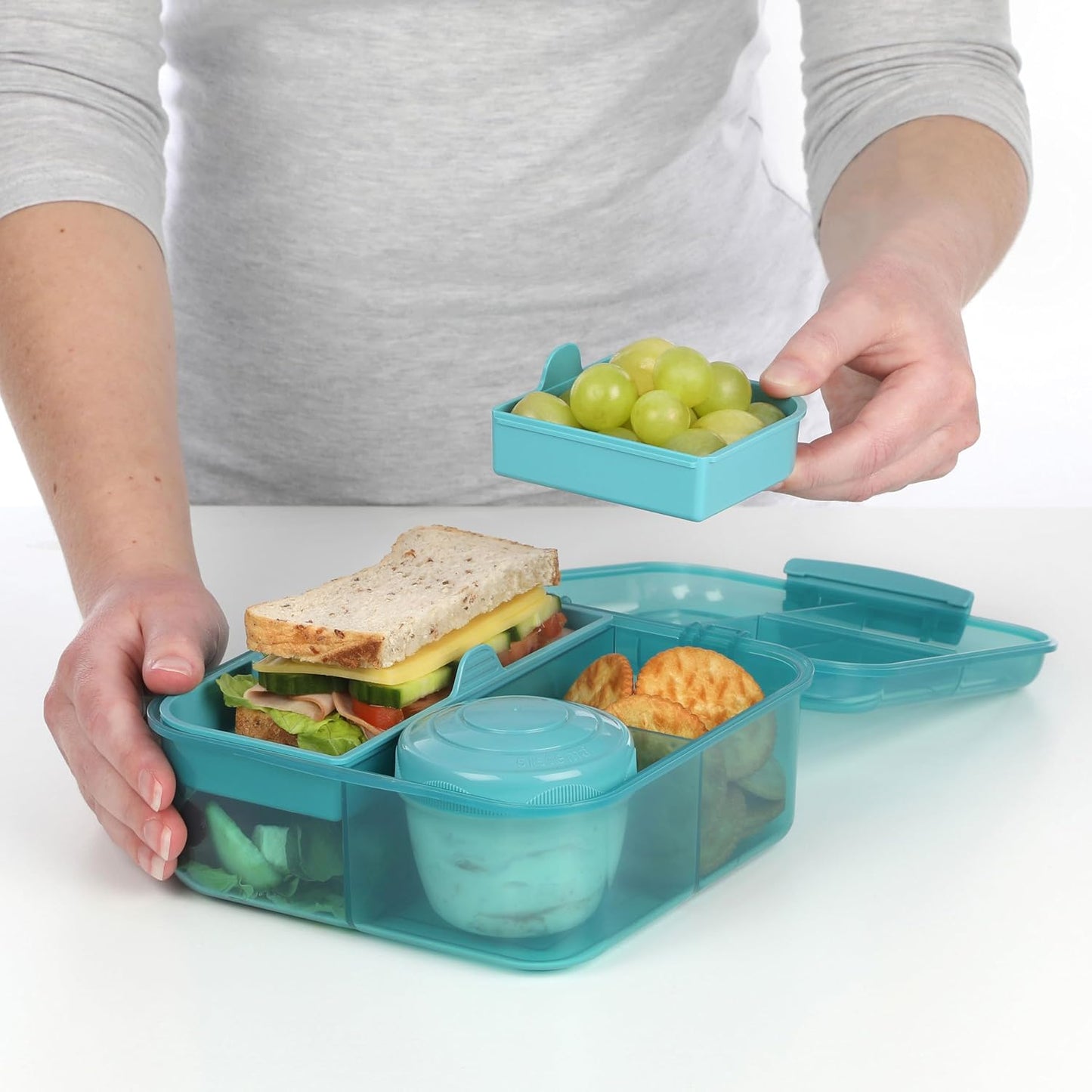 Sistema Bento Box Adult Lunch Box with 3 Compartments, 2 Removable Trays, and Salad Dressing Container, Dishwasher Safe, Color May Vary, 42 oz./1.25L Size (Pack of 4)