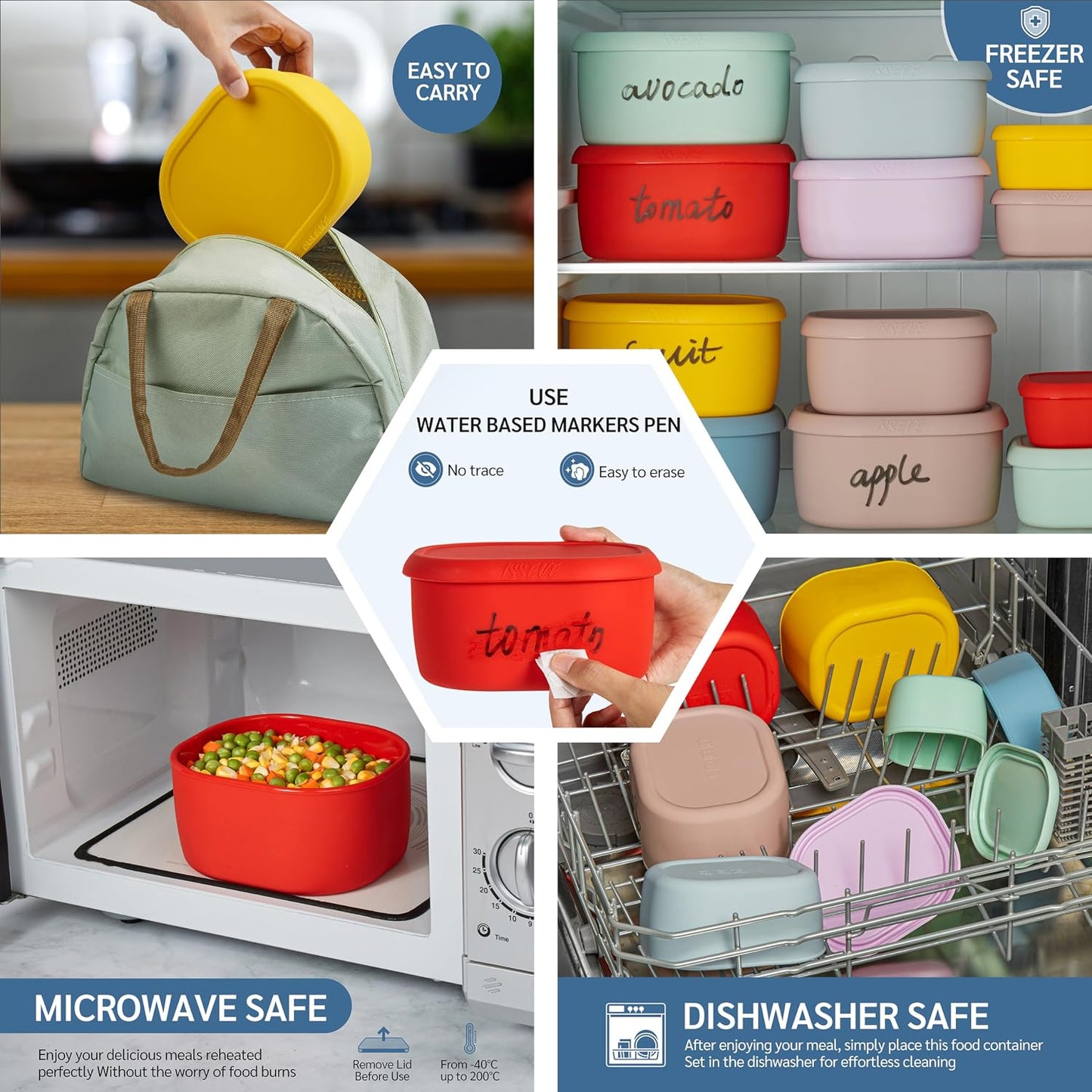 ISSEVE 6Pcs/Set Nesting Silicone Food Storage Containers with Lids, BPA Free Reusable Meal Prep Silicone Containers Lunch Box Bento Box Set (33.8oz, 20oz, 10oz, 6.7oz, 1.3oz) (Purple)