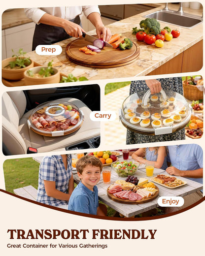 Sevenblue Acacia Wood Deviled Egg Containers with Lid and Handle, Portable Deviled Egg Platter for Easter, Potlucks & Party, Reversible Charcuterie Board Cutting Board