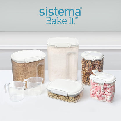 Sistema Flour and Sugar Storage Containers for Pantry with Lids and Measuring Cup, Dishwasher Safe, 13.7-Cup, White