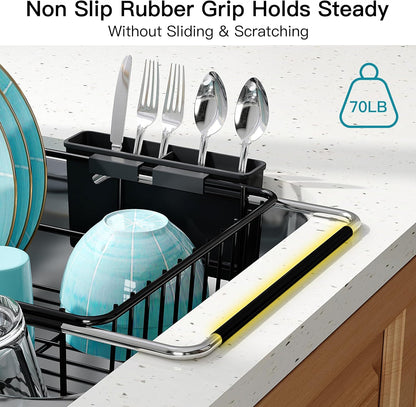 JASIWAY Dish Drying Rack in Sink, Expandable Stainless Steel Dish Drainers for Kitchen Counter, Dish Dryer Rack for Inside Sink, Over The Sink Dish Racks with Utensil Holder, Silver