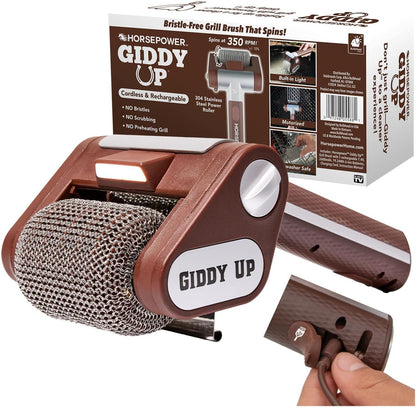 HorsePower Giddy Up Grill Cleaner AS SEEN ON TV! – Cordless, Rechargeable BBQ Tool with 350 RPM Stainless Roller, LED Light – Patents Pending – From BulbHead, a Family-Owned American Brand