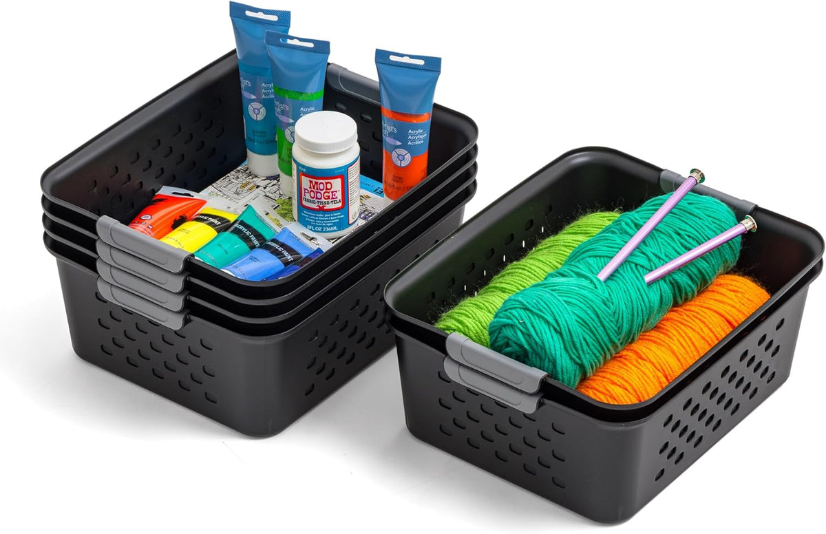 IRIS USA Plastic Storage Baskets, 6-Pack, Made in USA, Shelf Baskets Small Baskets Organizing Bins for Pantry Countertops Closet Shelves Laundry Room Office, Multi-Purpose, Nestable, Easy Carry, Black