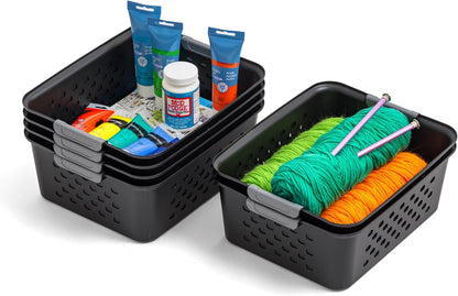 IRIS USA Plastic Storage Baskets, 6-Pack, Made in USA, Shelf Baskets Small Baskets Organizing Bins for Pantry Countertops Closet Shelves Laundry Room Office, Multi-Purpose, Nestable, Easy Carry, Black