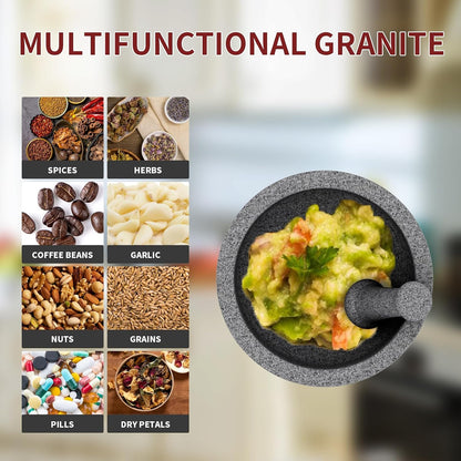 Large Mortar and Pestle Set- 4 Cup Unpolished Granite Bowl Heavy Duty Molcajete Mexicano Guacamole Pastes Pestos Salsa Bowl, Grind Seeds, Herbs, Pills, Kitchen Lab Muddler, Gray, 8 Inches