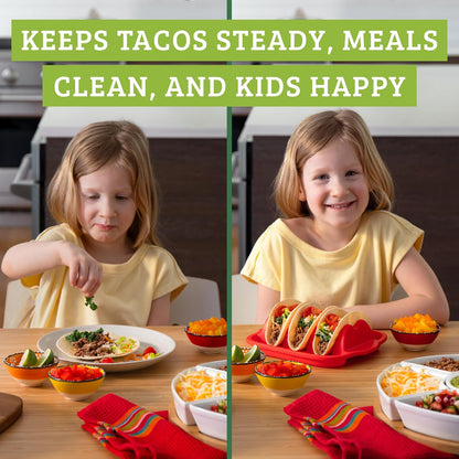 Taco Shell Holder (3 Pack), Silicone Taco Holder for 3 Tacos, Reusable Plates with Dividers, Flexible Soft Tray, Dishwasher & Microwave Safe