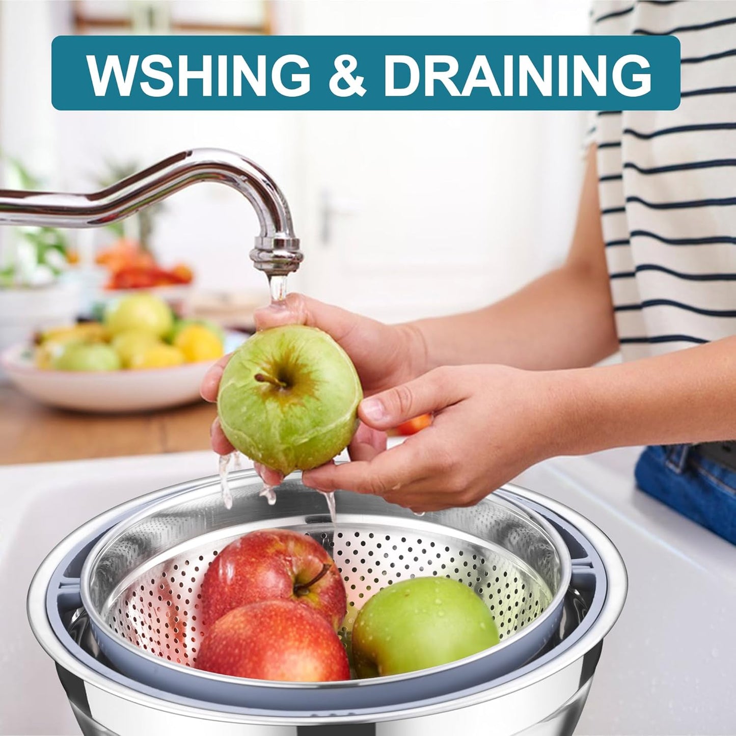 E-far Colander with Mixing Bowl Set, 4-1 Stainless Steel Colander Strainers Bowl with Graters for Kitchen, Rotatable Food Strainer Bowl for Rinsing Fruits Vegetables/Draining Pasta - Black