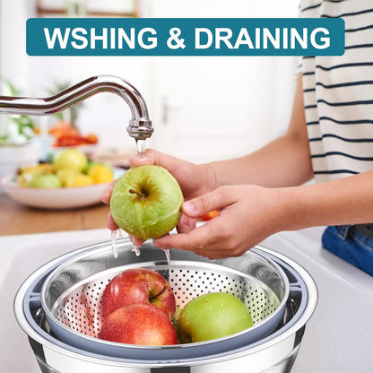 E-far Colander with Mixing Bowl Set, 4-1 Stainless Steel Colander Strainers Bowl with Graters for Kitchen, Rotatable Food Strainer Bowl for Rinsing Fruits Vegetables/Draining Pasta - Black