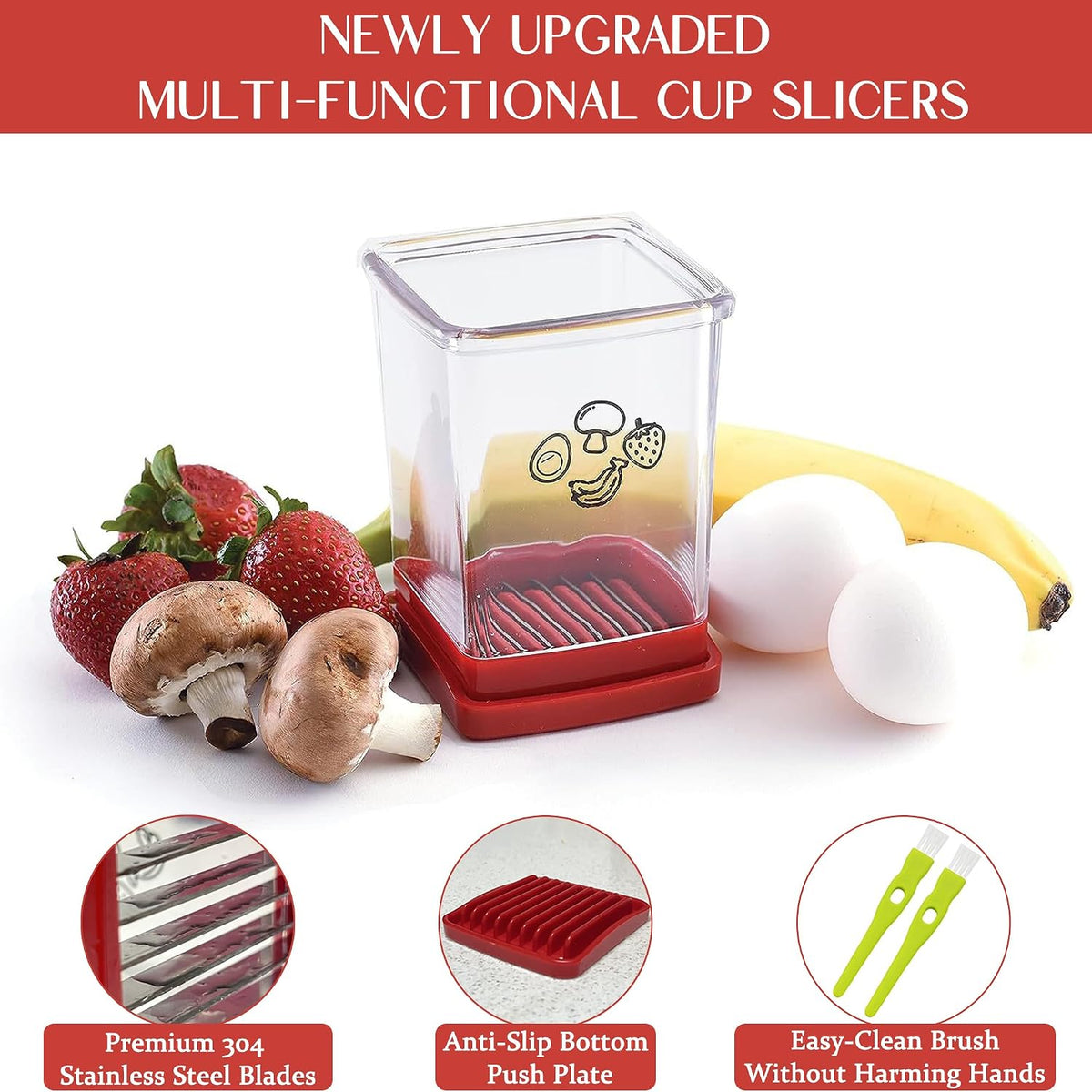 2 Pcs Cup Slicer, Stainless Steel Strawberry & Banana Slicer, Speed Fruit Cutter with Push Plate, Quickly Making Salad, Must Have Kitchen Gadget (Cyan+Red)