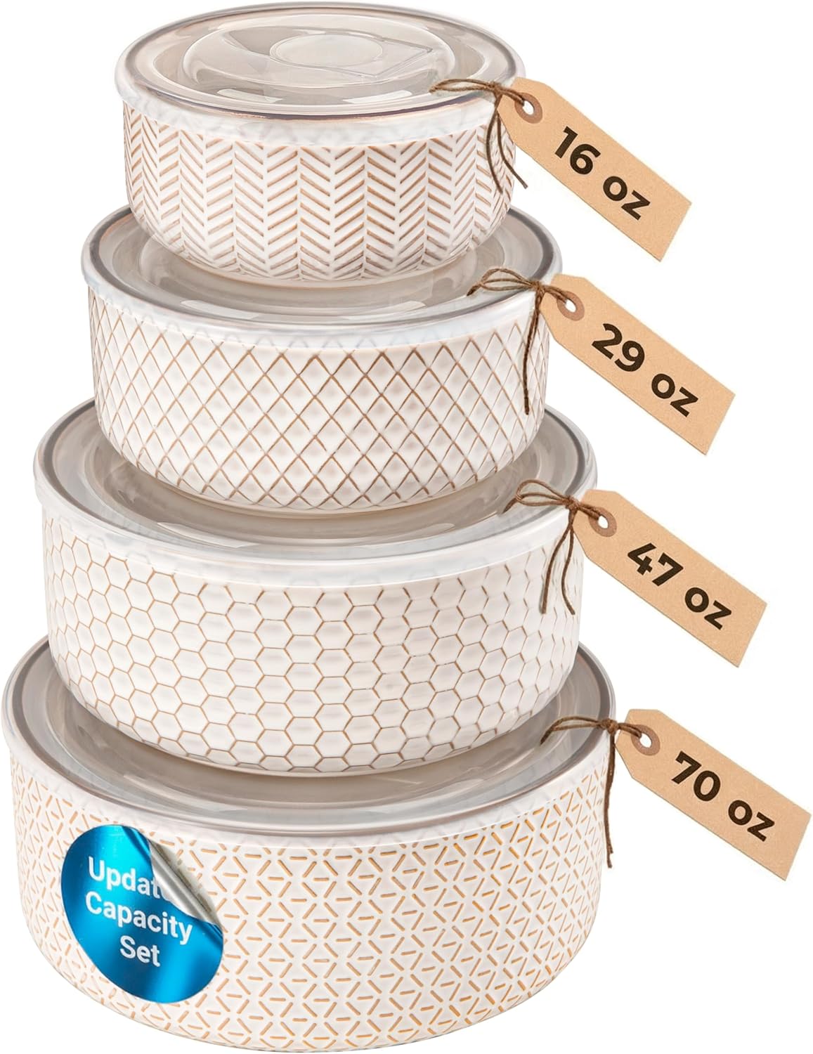 KooK Serving Bowls, with Lids, Ceramic Nesting Bowls, Set of 4, Embossed, Kitchen, Prep, Stackable, Gift, Microwave and Dishwasher Safe, 10/16/29/47 oz, Narbonne Collection (Ivory)