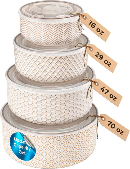 KooK Serving Bowls, with Lids, Ceramic Nesting Bowls, Set of 4, Embossed, Kitchen, Prep, Stackable, Gift, Microwave and Dishwasher Safe, 10/16/29/47 oz, Narbonne Collection (Ivory)